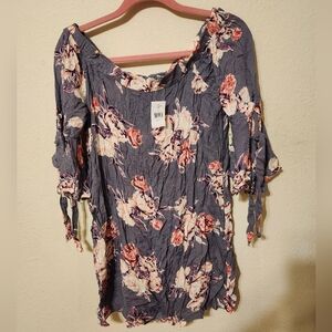 Daytrip Off Shoulder Dusty Grey Blue Rose Tunic